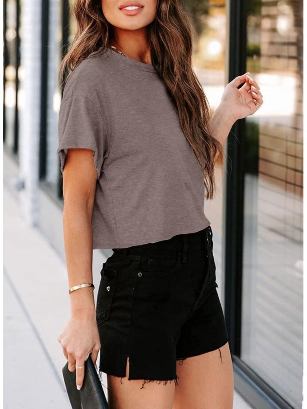 〽️Women Light Brown Short Sleeve Crew Neck Loose Casual Drop Shoulder Crop Tops